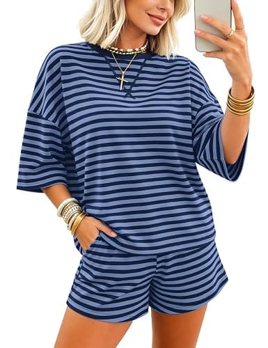 MISSACTIVER Womens 2 Piece Lounge Sets Striped Oversized Matching Tops and Shorts Summer Workout Vacation Outfits Pajamas Set - Image 1