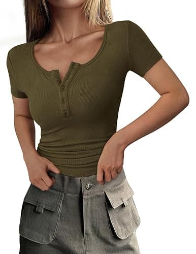PRETTYGARDEN Women's Summer Tops Henley Tee Shirts | Soft Ribbed Fabric,Button Up, Short Sleeve,Slim Fitted,Basic Tshirts,Casual Trendy,Going Out Outfits,Fashion Clothing - Image 1