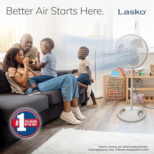 Lasko Oscillating Pedestal Fan - Adjustable to 47" - 2520 - White | Cooling Standing Fan for Bedroom, Living Room, and Home Office, 16" Blade Diameter, 3 Quiet Speeds thumbnail 2