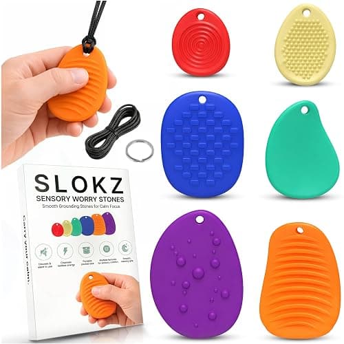 SLOKZ Worry Stones for Anxiety - 6 Pack Adult Fidget Toys & Sensory Stones, Quiet Fidget Toys, Fidgets for Adults with Key Ring & Neck String, Adult Fidgets - Image 1