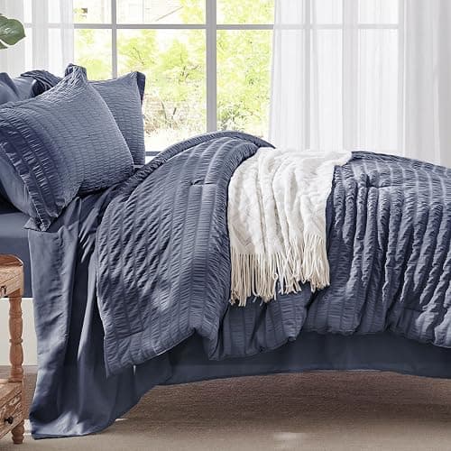 Zzlpp Queen Bedding Set 7 Pieces, Greyish Blue Seersucker, All Season Comforter Set with 1 Comforter, 2 Pillow Shams, 2 Pillowcases, 1 Flat Sheet, 1 Fitted Sheet thumbnail 4