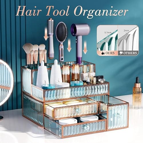 Youdepot Makeup Organizer Countertop - Tempered Glass Vanity Organizer for Cosmetics, Skincare, Hair Tools, Brushes, Perfume - Multipurpose Bathroom Counter Skincare Organizer thumbnail 2