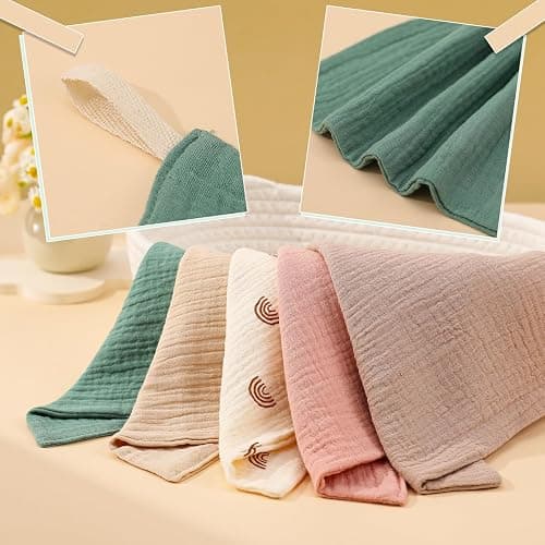 GSrenyu 5 Pack Muslin Squares Baby Muslin Cloths Burp Cloths - Natural Cotton Wipes, Essentials for Newborn Wiping, Bathing, Feeding - White,pink,blue,dark Pink,brown thumbnail 6