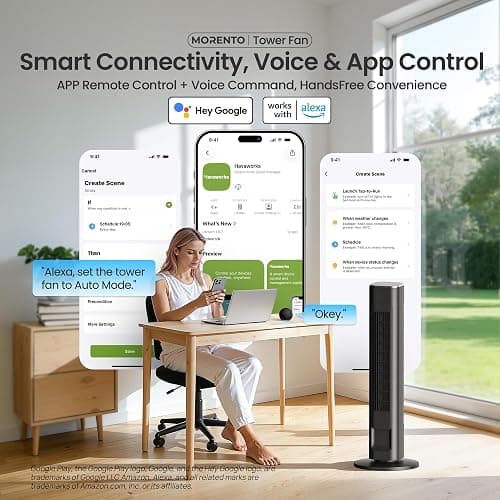 MORENTO 36-Inch Smart Tower Fan with Remote, 25ft/s Standing Fan with WiFi, App & Voice Control, 4 Modes, 4 Speeds, 12-Hour Timer, 90° Oscillating Fan for Bedroom and Office, Black, 1 Pack thumbnail 2