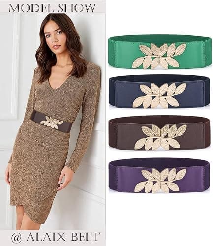 ALAIX Women's Stretchy Belt for Dress Vintage Wide Gold/silver Leaf Buckle Waist Belts for women Elastic Waistband thumbnail 5