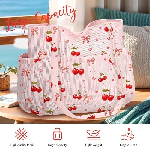Corduroy Tote Bag for Women,Large Capacity Cute Tote Bags With 6 Pockets,Crossbody Shoulder Handbag for Work Travel Gym thumbnail 4
