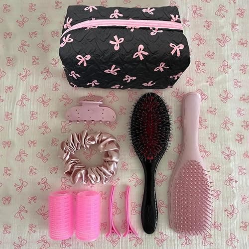 Trnerm Small Makeup Bag - Coquette Pink Bows Black Make Up Quilted Pouch, Cute Organizer for Cosmetic,Travel,Toiletry thumbnail 2