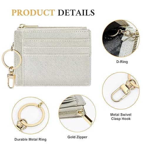 Sodsay Card Case Slim Front Pocket Wallet for Women Credit Card Holder with Keychain - CH Silverish Gold thumbnail 3