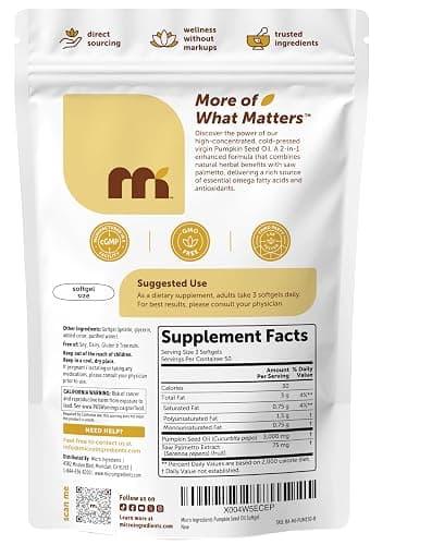 Micro Ingredients Pumpkin Seed Oil with Saw Palmetto, 150 Softgels | Cold Pressed, Pure Virgin Oil, Essential Fatty Acids, & Phytosterols | Natural Herbal Supplement | Non-GMO thumbnail 7