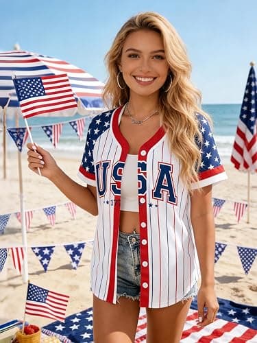 Women's American Flag Button Down Jersey Shirt Patriotic USA Short Sleeve Shirts 4th of July Baseball Tee Top thumbnail 5