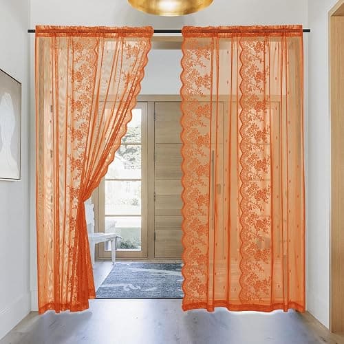 KYMRose Orange Sheer Lace Curtains 84 Inches Long, 2 Panels Country Rustic Flower Curtains for Living Room, Rod Pocket Privacy Scalloped Sheer Lace Panels, Orange 52 x 84 Inch thumbnail 6