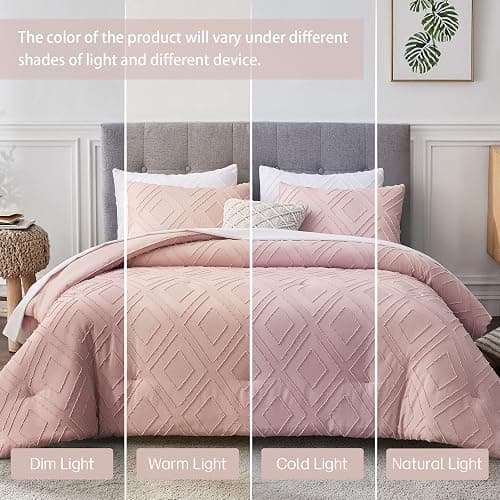 FROHAUL Boho Queen Comforter Set,Blush Pink Rhombus Tufted Queen Size Comforter Set with Corner Loops,3 Pieces Embroidery Shabby Chic Bedding Comforter Sets for All Seasons(Blush Pink,Queen) thumbnail 3