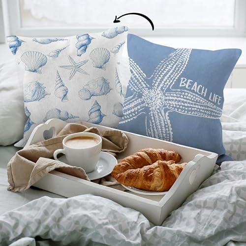 HIWX Coastal Beach Starfish Seashell Pillow Covers 18x18 Double-Sided, Coastal Beach Room Decor, Blue Ocean Beachy Seashell Decorative Pillow Covers for Couch Bed Home Bedroom Decor thumbnail 6