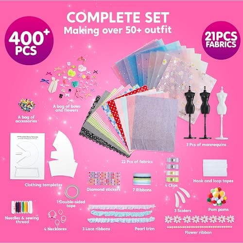 Klever Kits 400+PCS Fashion Design Crafts for Kids, Art and Crafts, DIY Sewing Kits with 3 Mannequins for Girls Aged 8-12, Birthday Presents, Toys for Kids thumbnail 4