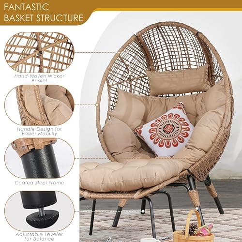 NICESOUL Egg Chair Indoor Outdoor, Large Egg Lounge Chair w/Ottoman, Oversized Comfy Cushioned Brid Cage Seat 440lbs, Boho Nest Seat with Footstool for Patio, Bedroom, Lawn, Backyard, Brown thumbnail 7