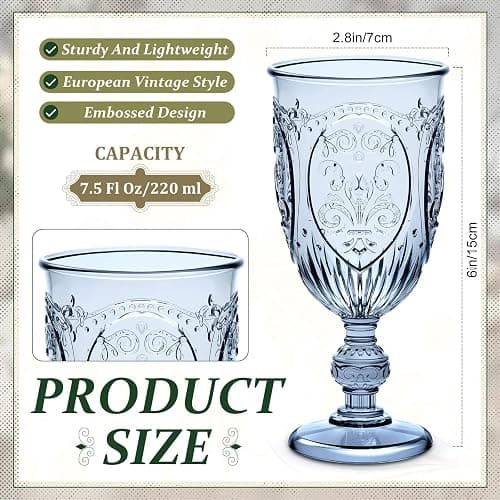 Wiwiqing 100 Pcs Plastic Goblets 7.5oz Vintage Goblet Plastic Wine Glasses Colored Retro Embossed Water Goblets for Wine Bar Juice Baby Shower Wedding Reception Grand Event Party (Blue) thumbnail 3