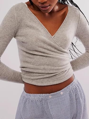 OFSOAK Womens Wool Tie Front Tops Crop Top Solid Long Sleeve Solid V-Neck Lightweight Crochet Cardigan Crop thumbnail 2