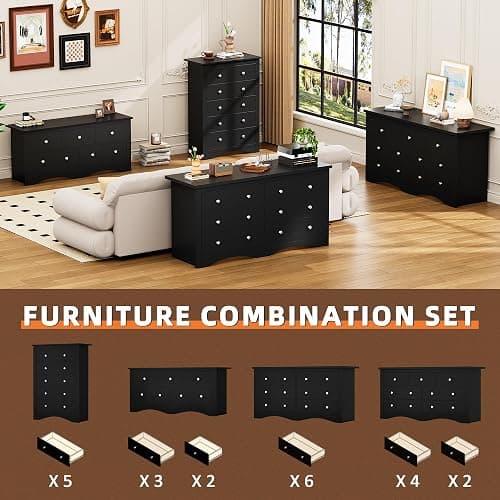 Flamaker Tall Dresser for Bedroom, 5 Drawer Dresser, Wood Dressers, Wide Chest of Drawer, Storage Drawers, Storage Organizer for Closet, Hallway (Black) thumbnail 8