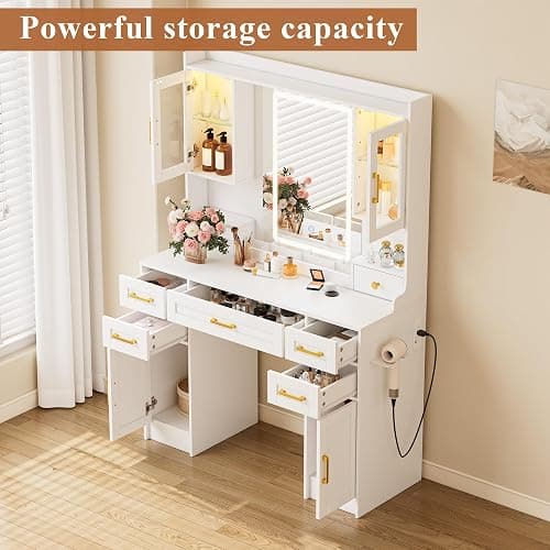 NUNU LAB Large White Vanity Desk with Mirror and Lights | Women Makeup Table with Power Outlet, 3-Color Adjustable Lighting with 5 Drawers for Bedroom Brown thumbnail 7
