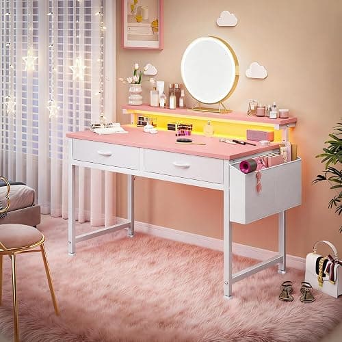 DurayLoly 31Inch Small Computer Desk with LED Lights & 2 Fabric Drawers, Gaming Desk with Side Pocket & Ergonomic Monitor Stand, Small Space Study Writing Table with Anti-Tip Design,Pink thumbnail 2
