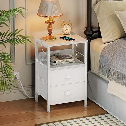 Furologee End Table with Charging Station, Nightstand with Fabric Drawers, Side Tables with USB Ports & Outlets, Night Stand with Storage Shelf & Hooks, for Living Room/Bedroom, White thumbnail 3