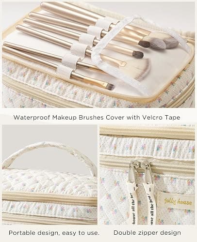 HBselect 2 Pack Floral Cotton Makeup Bag Set, Quilted Makeup Bag Travel Makeup Bag, Flap Handheld Double Layer Makeup Bag Large Medium Kawaii Coquette Aesthetic Toiletry Bags for Women Girls thumbnail 5