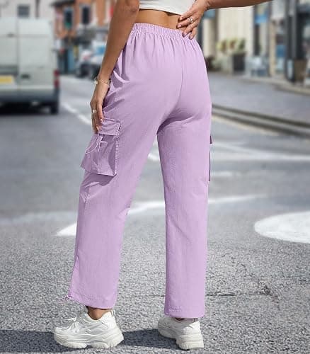 Women's High Waisted Cargo Pants Baggy Trendy Hiking Parachute Pants with Pockets Y2K Cargo Trousers Drawstring Ankles thumbnail 2