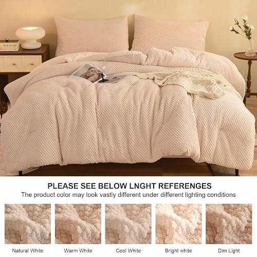 LLanCL 3D Jacquard Design Comforter Set, Ultra-Soft Warm King Size Sherpa Fur Plush 3-Pieces Sets Luxury Cozy Bedding with 2 Pillowcases (104"x90", Cream White) thumbnail 5