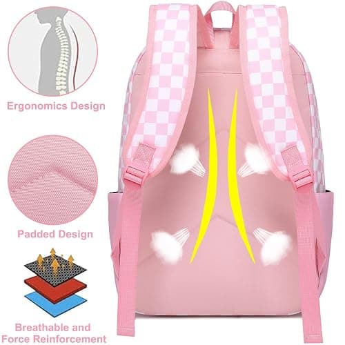 Sugaroom Pink Checkered Backpack with lunch box for Girls with Lunch Box Lightweight School Backpack Kids Bookbags Preschool Primary Elementary Students School Bags Set (Checkered Pink) thumbnail 6