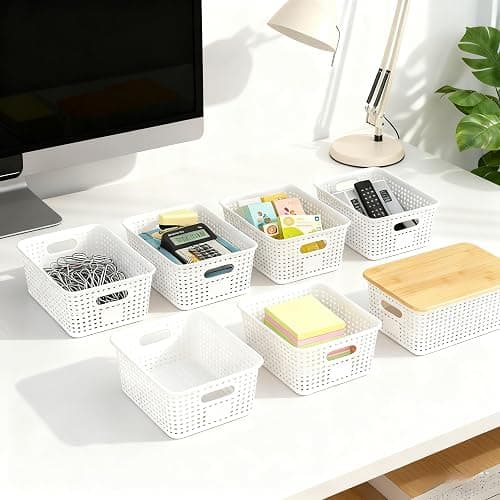 Plastic Storage Bins with Bamboo Lid - Plastic Storage Baskets with Lid - Stackable Container with Lable for Organizing: Small Storage Box for Shelves Office Cabinet Drawer ,10x7.2x4 In - White 6 Pcs thumbnail 6
