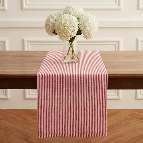 Solino Home 100% Pure Linen Table Runner 14x108 Inch - Narrow Stripe Red and White Cloth Runner for Dining Buffet Table, Indoor, Outdoor - Machine Washable - 4th of July - Image 1