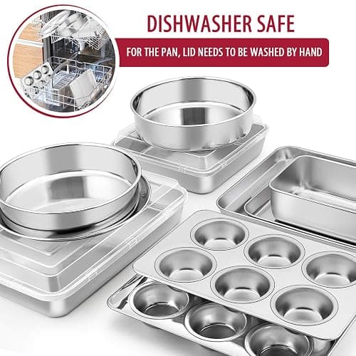 E-far 12-Piece Stainless Steel Bakeware Sets, Metal Baking Pan Set Include Round Cake Pans, Square/Rectangle Baking Pans with Lids, Cookie Sheet, Loaf/Muffin/Pizza Pan, Non-toxic & Dishwasher Safe thumbnail 7