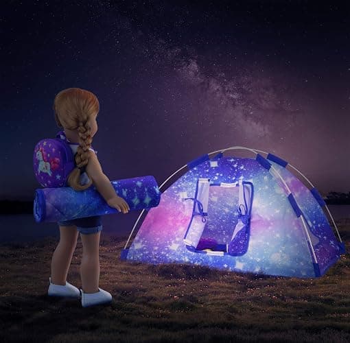 Ecore Fun 5 Items 18 inch Dolls Camping Tent Set and Accessories Including Girl Doll Tent, Sleeping Bag, Backpack, Toy Camera and Dog thumbnail 2