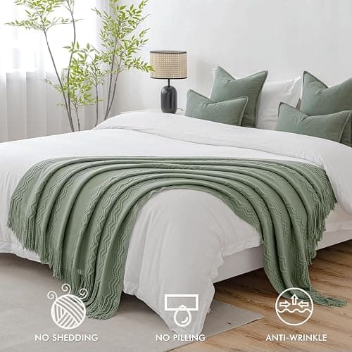 MIULEE Sage Knitted Throw Blanket for Couch Boho Green Textured Cozy Woven Decorative Farmhouse Blanket with Tassels for Sofa Chair Bed Living Room, Lightweight Spring Home Decor 50"x60" thumbnail 3