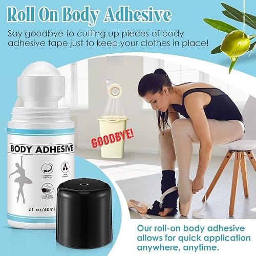 ElectricWise 1 Pcs Roll On Body Adhesive for Dancers, Sweat Resistant Water Wash Off Body Glue for Skin & Clothing, Fashion Butt Glue Applicator for Compression Stocking, Bras, Wig, Residue Free, 2oz thumbnail 3