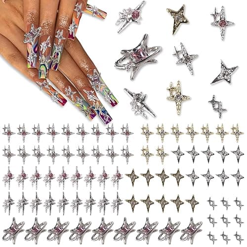 Y2K Nail Charms and Gems 3D Silver Star Butterfly Planet Cross Nail Charms for Acrylic Nails Design Kawaii Nail Jewels for Nail Art (Silver-90) - Image 1