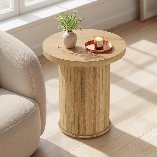 VASAGLE Round Side Table, Tambour End Table, Mid Century Modern Nightstand, Easy Assembly, for Small Spaces, Living Room, Bedroom, Home Office, 17.7 x 19.7 Inches, Natural Brown ULET295K101 - Image 1