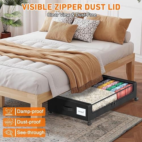 Under Bed Storage with Wheels, 2 Pack Under Bed Storage Containers with Clear Lids, XXL 65L Under Bed Storage Organizer, Rolling Under Bed Metal Drawer for Blanket, Clothes, Shoes (31 x 17 x 6.69 in) thumbnail 6