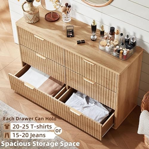 LEYAOYAO Fluted 6 Drawers Dresser, 48" Wide Modern Chest of Drawers with Wood Grain Top, Curved Profile Design, Dresser TV Stand, Wood Drawer Organizer for Bedroom, Living Room, Hallway,Natural thumbnail 6