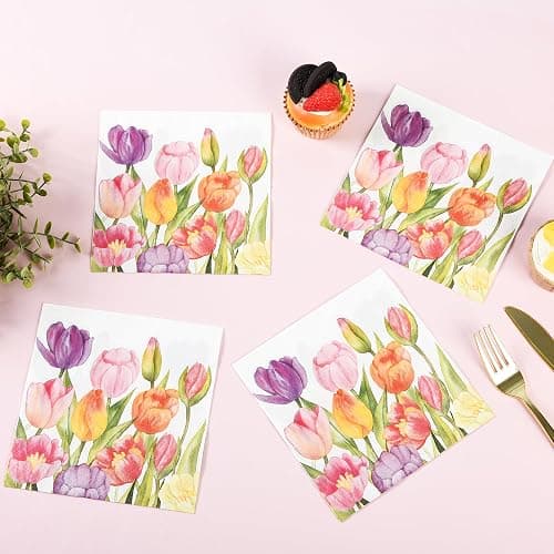 100 Spring Flowers Luncheon Napkins Watercolor Tulip Paper Hand Napkins 6.5 Inch Floral Garden Party Beverage Napkins for Baby Shower Wedding Easter Party Supplies thumbnail 7
