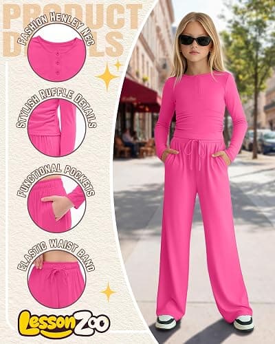 LessonZoo Girls 2 Piece Outfits Lounge Sets Long Sleeve Ruched Knit Henley Neck Fitted Tops Straight Leg Pants with Pockets thumbnail 5