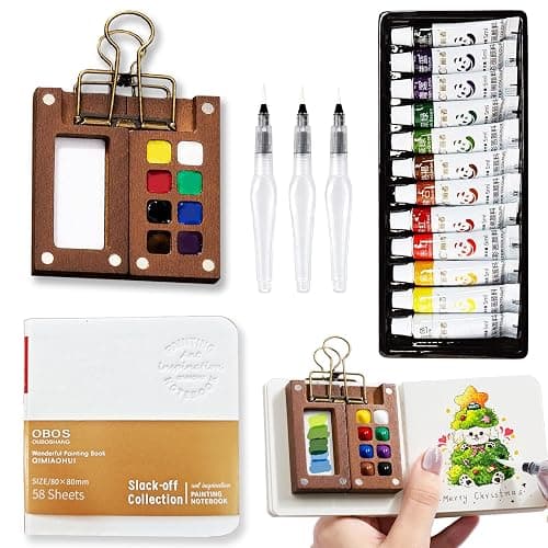MUZMDNI Mini Watercolor Paint Set Portable, Travel Grid Paint Palette Box with Binder Clips Include Paint, Brush*3 and Picture Album Art Materials Coloring Markers (Brown Wood-S) thumbnail 2