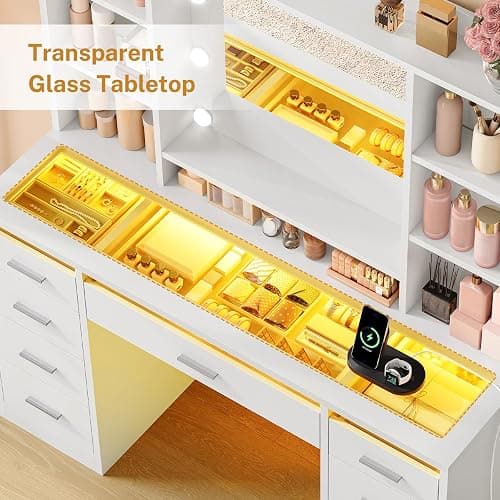 FINOESO Large Vanity Desk with Mirror and Lights, 3-Color LED, Makeup Vanity with Clear Glass Top & RGB Light, Vanity Table with 9 Drawers, 6 Open Shelves and Power Outlet, White Vanity for Bedroom thumbnail 8