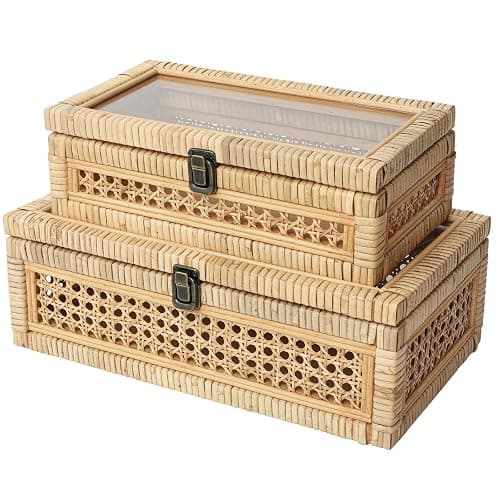 DECOR4SEASON Rattan and Cane Stacking Boxes with Glass Top Lid - Set of 2 for Boho, and Rustic Farmhouse Decor thumbnail 3