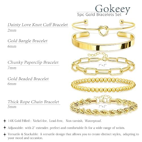 Gokeey Gold Bracelets Set for Women Non Tarnish, Waterproof 14K Gold Plated Sterling Silver Chunky Cuff Bracelet Stackable Gold Bangles Bracelet for Women Trendy Fashion Accessories Tie Knot Cuban Rope Paperclip Beaded Bracelet Stack Jewelry Mothers Day Gifts for Mom Birthday thumbnail 3