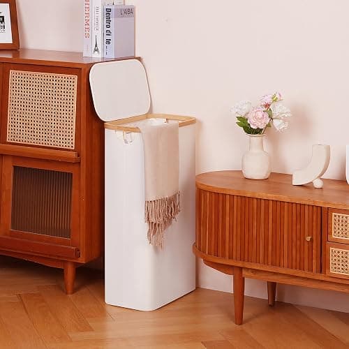 efluky Slim Laundry Basket with Lid, Narrow Laundry Hamper with Removable Bag, Skinny Dirty Clothes Basket with Bamboo Handles for Bathroom, Bedroom & Laundry Room, 63L Beige thumbnail 2
