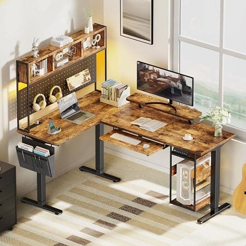Flycity Electric L Shaped Standing Desk Adjustable Height, 67" x 47" Corner Computer Desk with Host Shelf, Gaming Desk with LED Lights & Power Outlet, Dual Motor Home Office Desk with Storage, Brown thumbnail 2