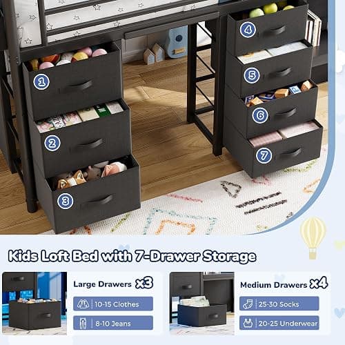 Low Loft Bed Twin Size with 7 Storage Drawers, Desk and LED Lights, Heavy Duty Metal Kids Loft Bed with 13.8" H Safety Guardrail, Anti-Collision Pad, Private Play Curtain, Under-Bed Play Space - Black thumbnail 2