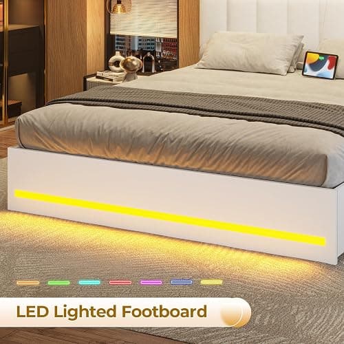 VIAGDO Full Size Bed Frame with Bookcase Headboard, Wooden Bed Frame Full Size with Charging Station, 4 Storage Drawers and LED Lights, with Type-C and USB, No Box Spring Needed, White thumbnail 8