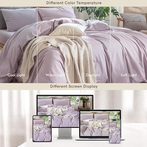 MooMee Bedding Duvet Cover Set 100% Washed Cotton Linen Like Textured Breathable Durable Soft Comfy (Heathered Light Purple, Twin 68"x90") thumbnail 6